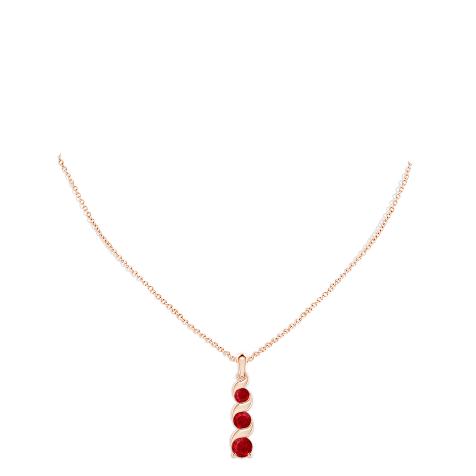 7mm AAA Channel-Set Round Ruby Three Stone Journey Pendant in 18K Rose Gold pen