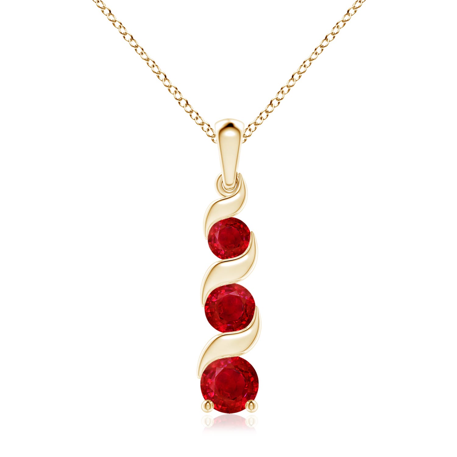 7mm AAA Channel-Set Round Ruby Three Stone Journey Pendant in Yellow Gold