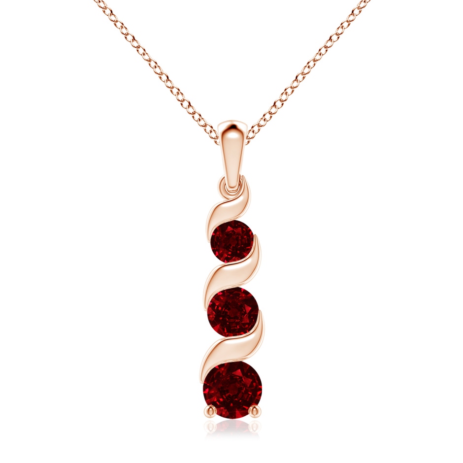 7mm AAAA Channel-Set Round Ruby Three Stone Journey Pendant in 18K Rose Gold 