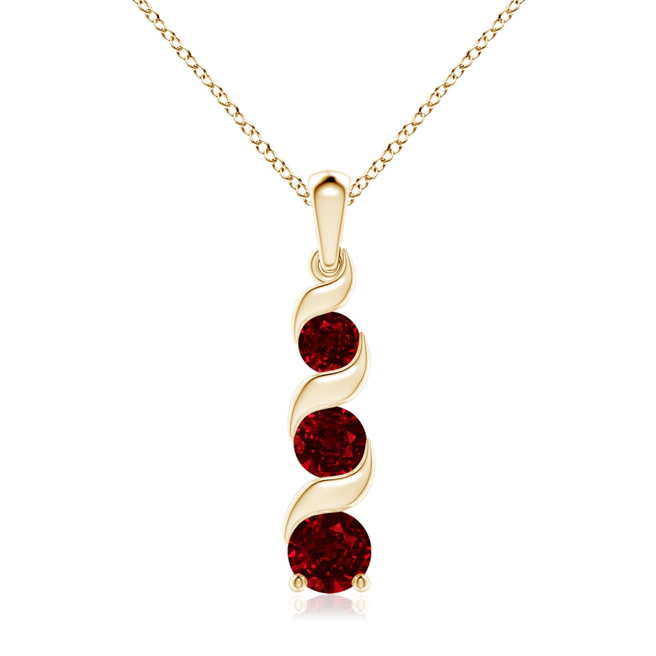 7mm AAAA Channel-Set Round Ruby Three Stone Journey Pendant in Yellow Gold 