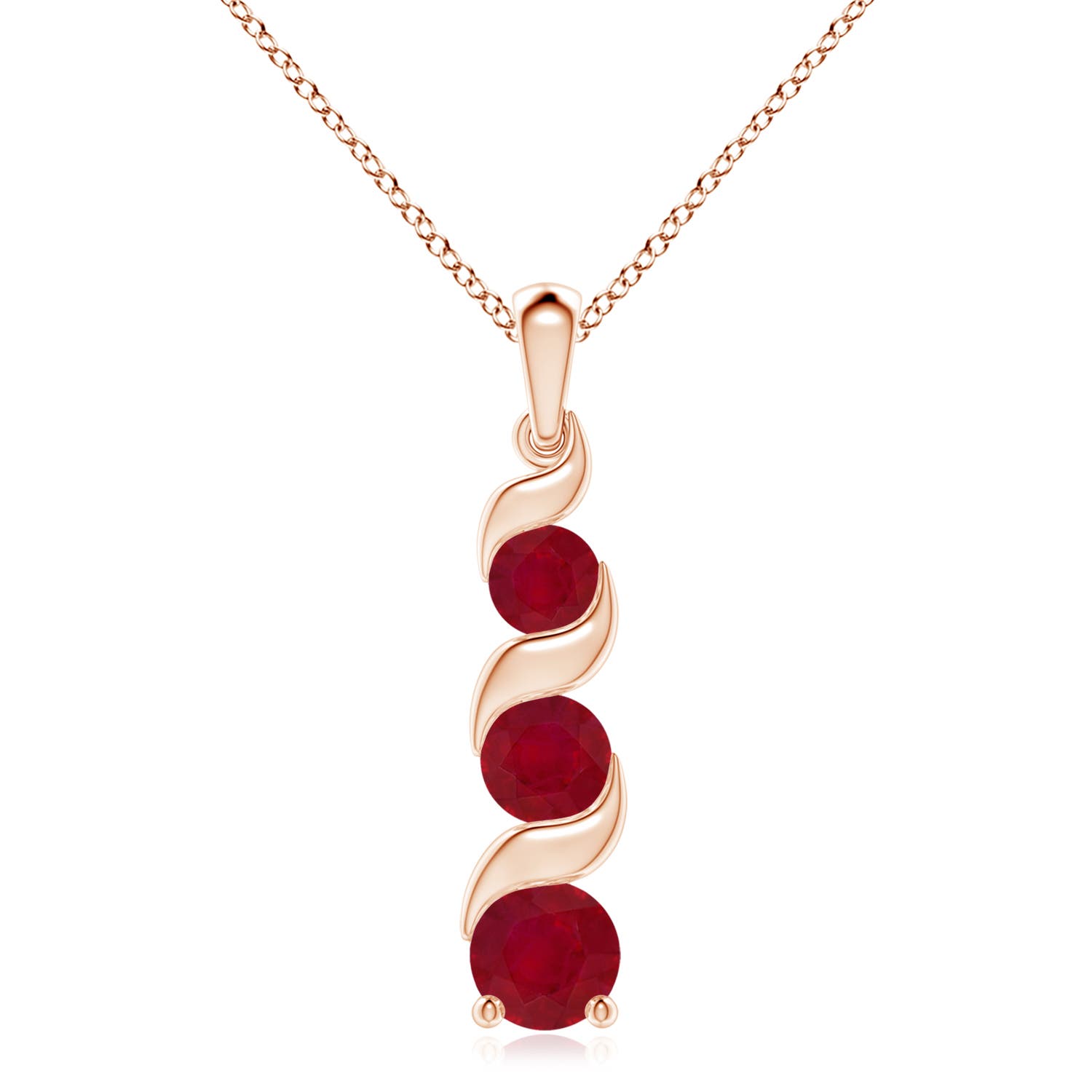 8mm AA Channel-Set Round Ruby Three Stone Journey Pendant in 18CT Rose Gold