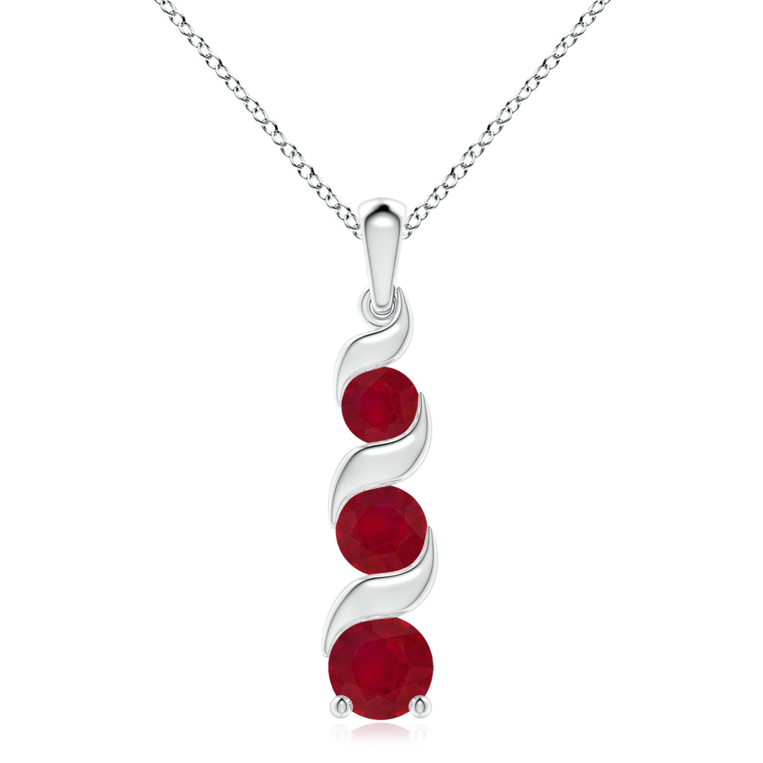8mm AA Channel-Set Round Ruby Three Stone Journey Pendant in 18CT White Gold