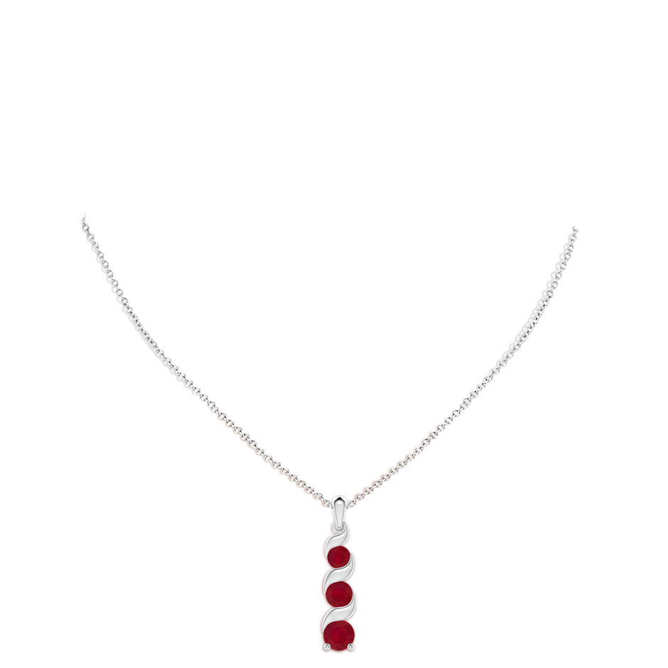 8mm AA Channel-Set Round Ruby Three Stone Journey Pendant in White Gold pen