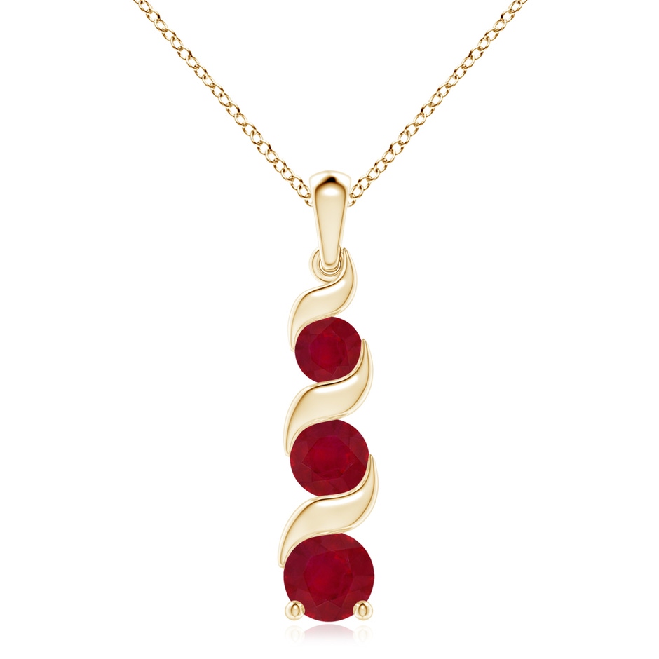 8mm AA Channel-Set Round Ruby Three Stone Journey Pendant in Yellow Gold 