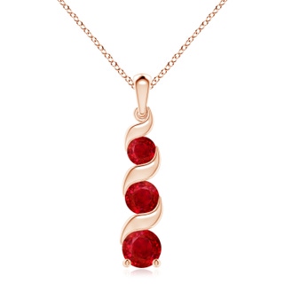 8mm AAA Channel-Set Round Ruby Three Stone Journey Pendant in 18K Rose Gold