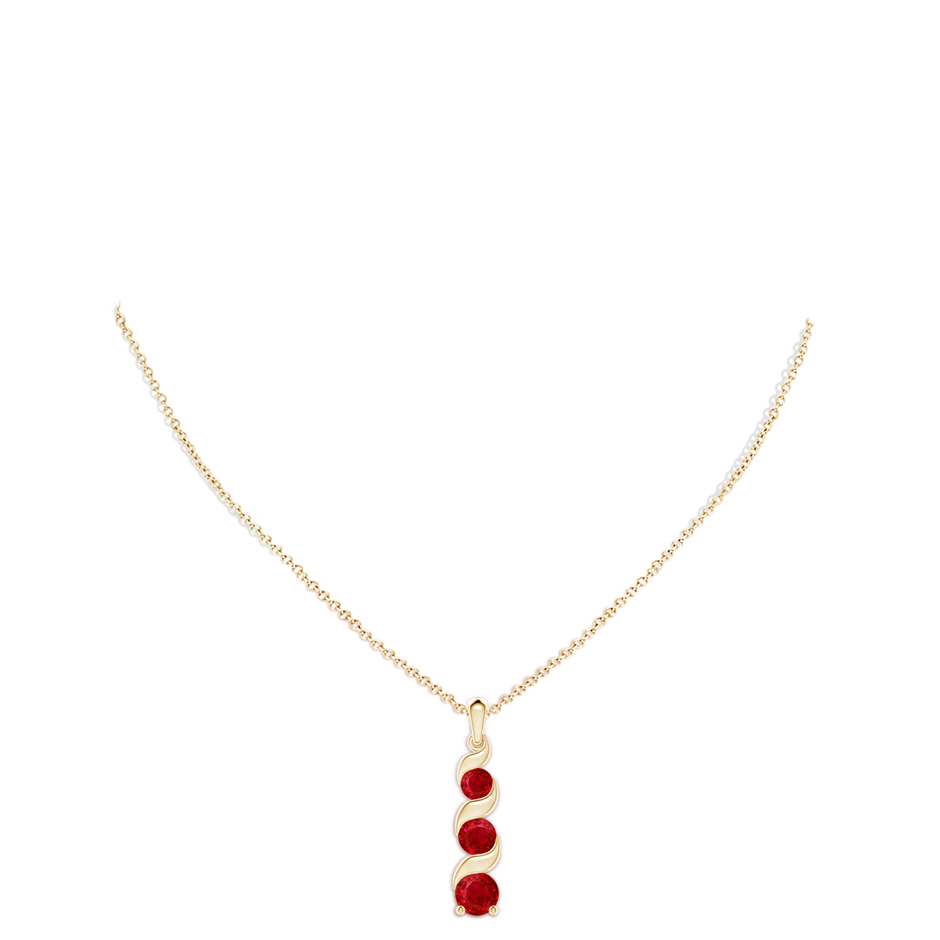 8mm AAA Channel-Set Round Ruby Three Stone Journey Pendant in Yellow Gold pen
