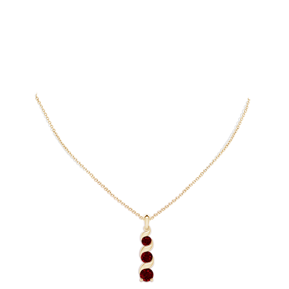 8mm AAAA Channel-Set Round Ruby Three Stone Journey Pendant in Yellow Gold pen