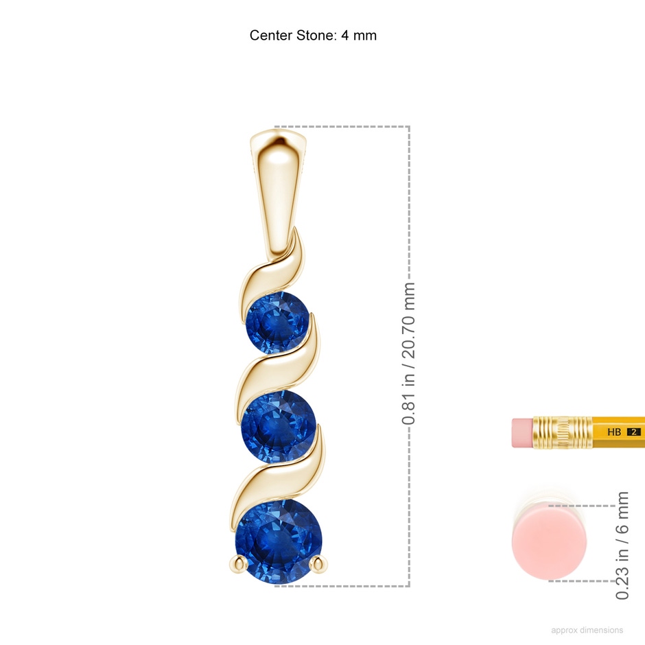 4mm AAA Channel-Set Round Sapphire Three Stone Journey Pendant in Yellow Gold ruler