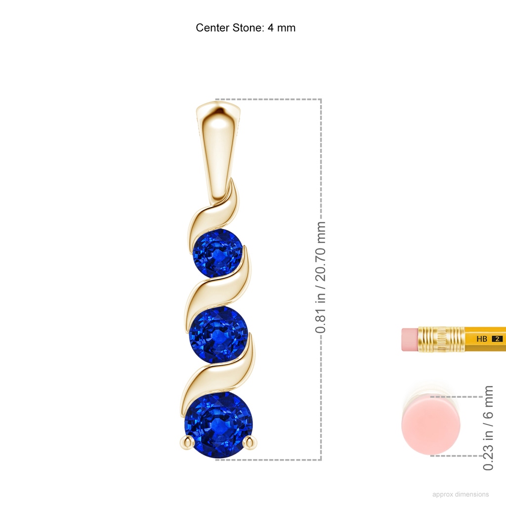 4mm AAAA Channel-Set Round Sapphire Three Stone Journey Pendant in Yellow Gold ruler