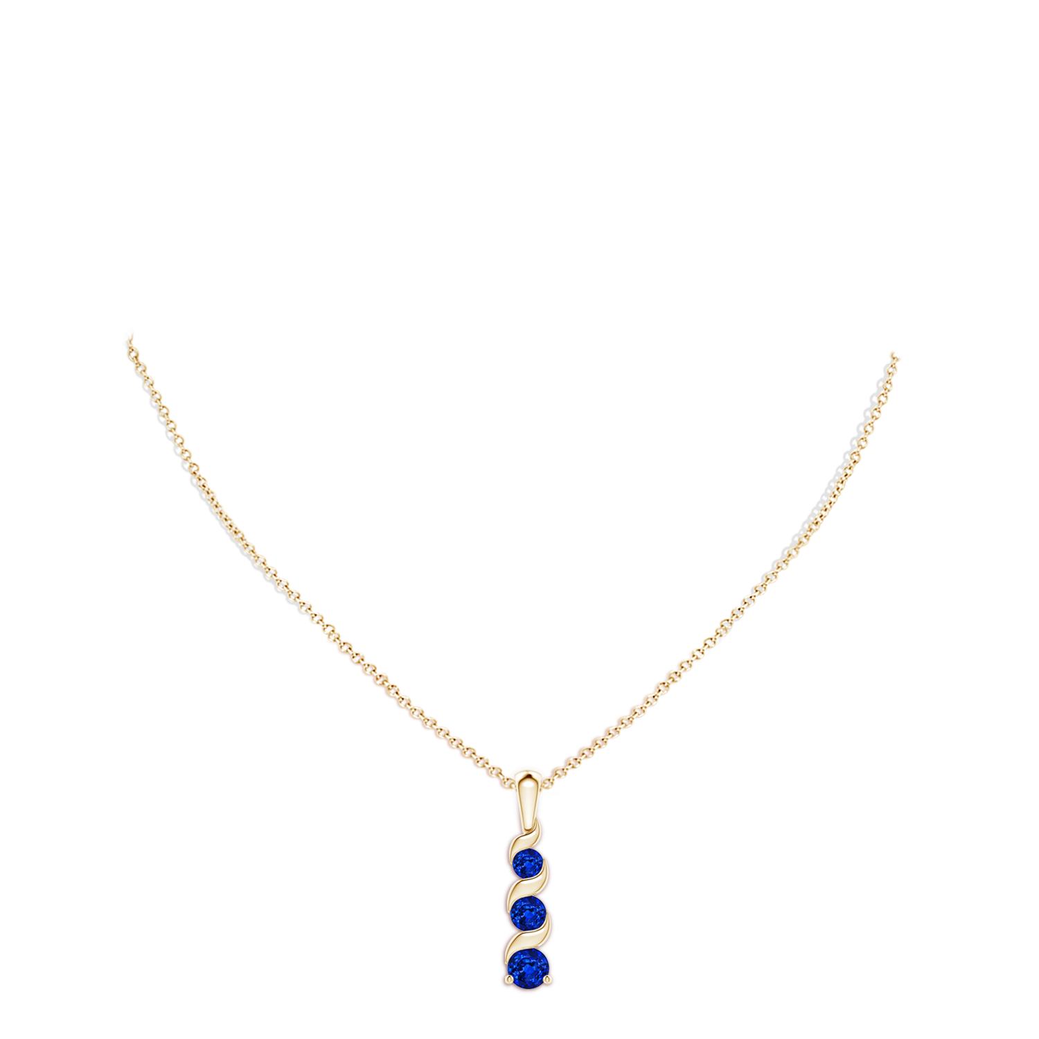 4mm AAAA Channel-Set Round Sapphire Three Stone Journey Pendant in Yellow Gold - body_neck