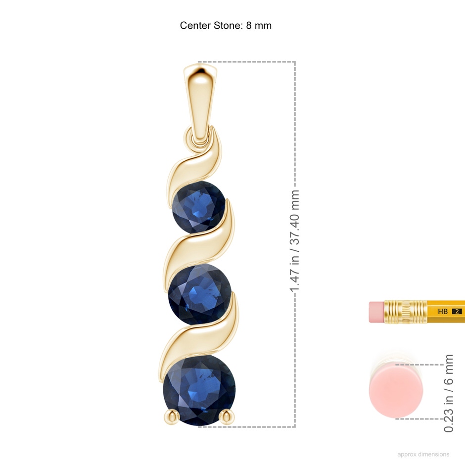 8mm AA Channel-Set Round Sapphire Three Stone Journey Pendant in Yellow Gold ruler