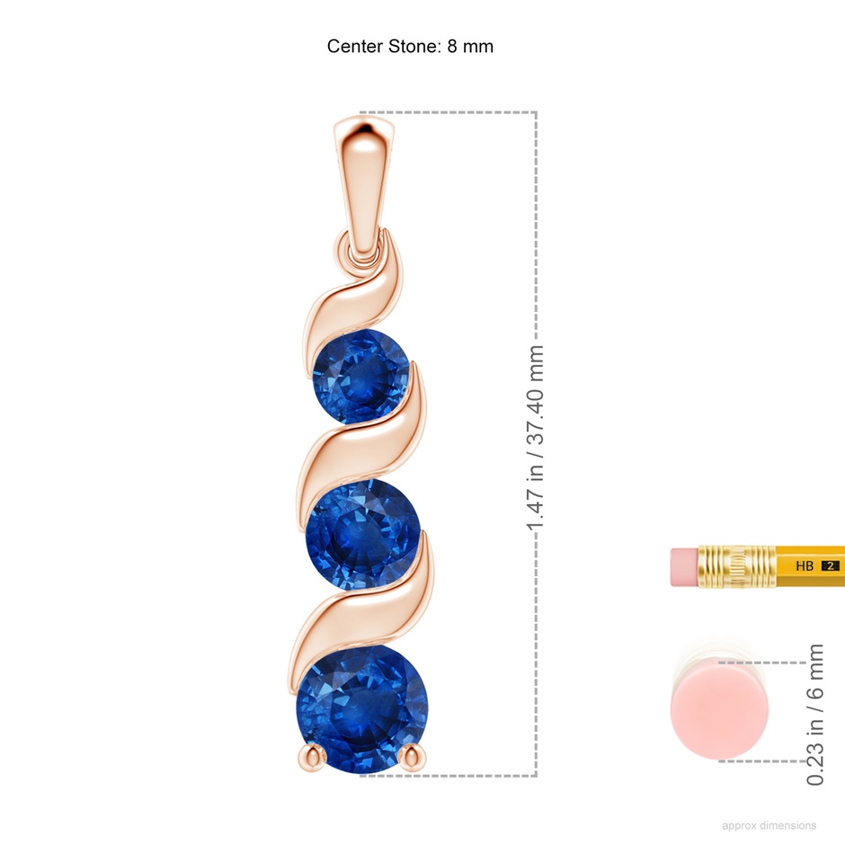 8mm AAA Channel-Set Round Sapphire Three Stone Journey Pendant in 18K Rose Gold ruler