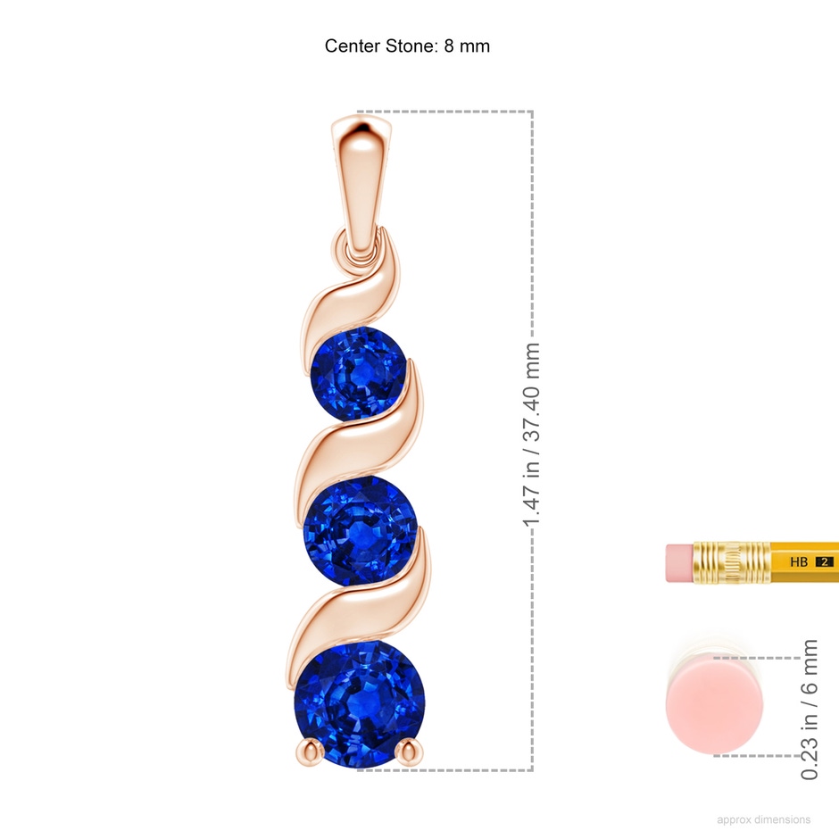 8mm Lab-Grown Channel-Set Round Sapphire Three Stone Journey Pendant in Rose Gold ruler