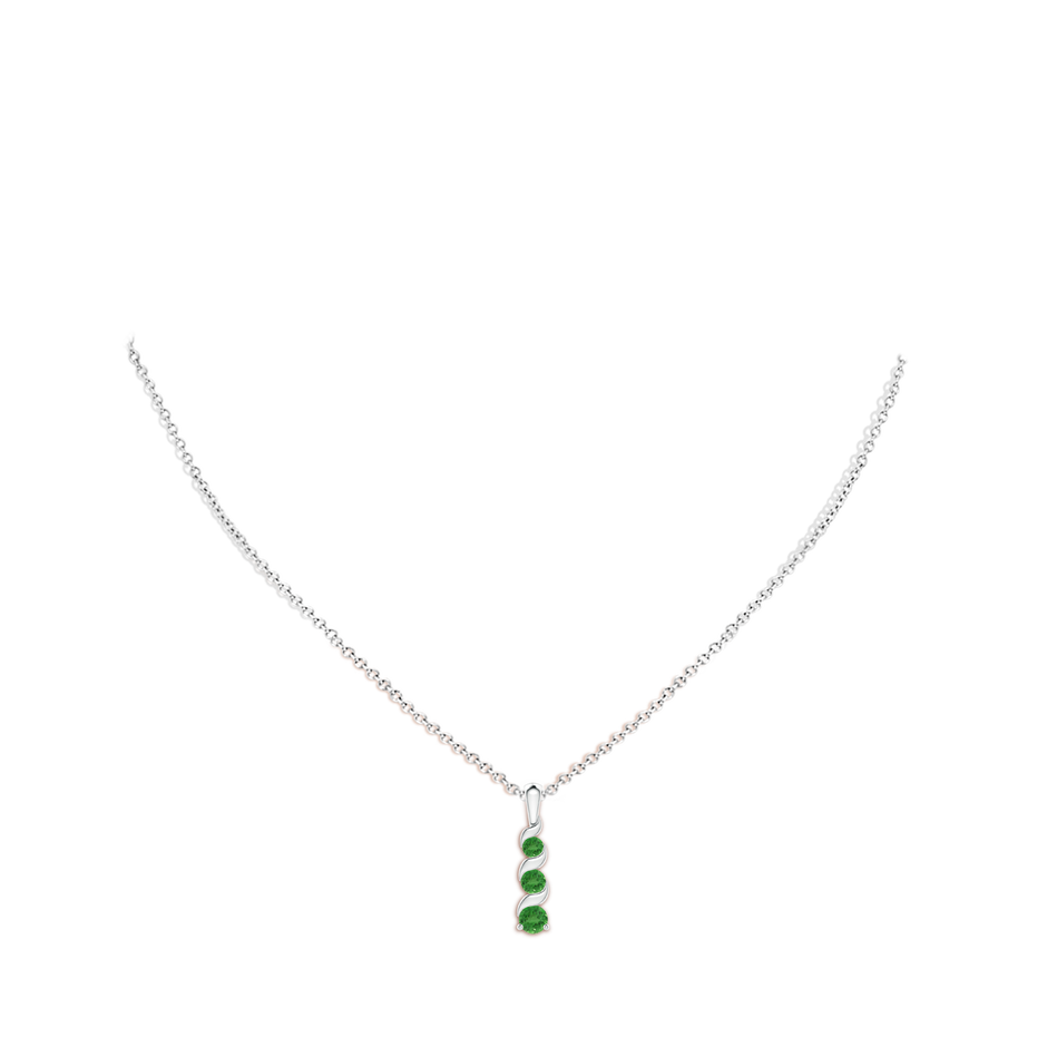 4mm AA Channel-Set Round Tsavorite Three Stone Journey Pendant in White Gold body-neck