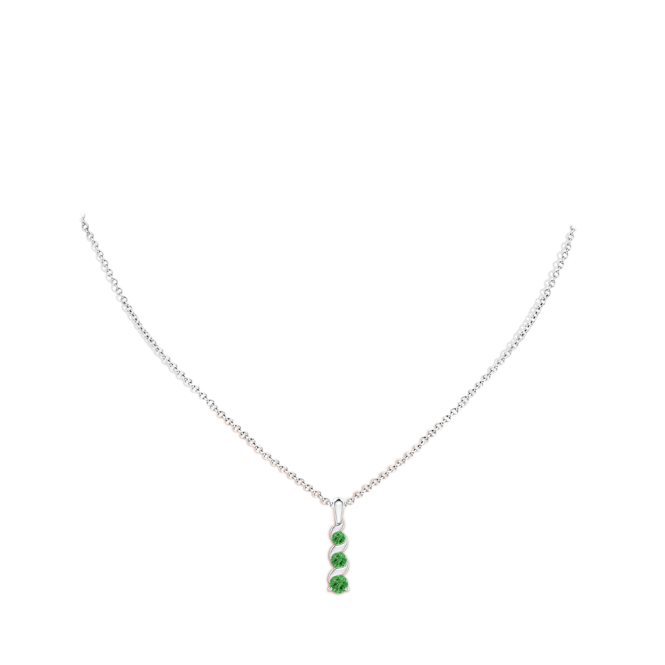 4mm AAA Channel-Set Round Tsavorite Three Stone Journey Pendant in White Gold body-neck