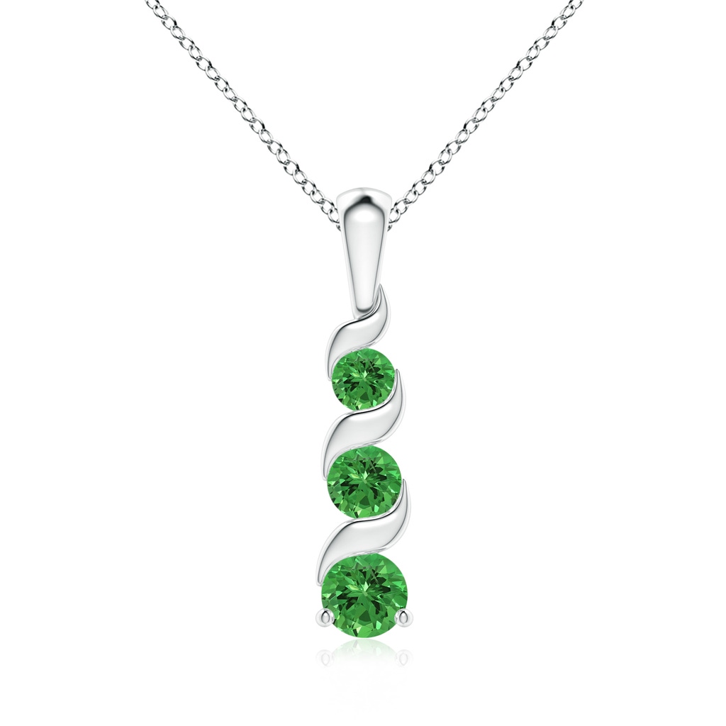 4mm AAAA Channel-Set Round Tsavorite Three Stone Journey Pendant in White Gold 