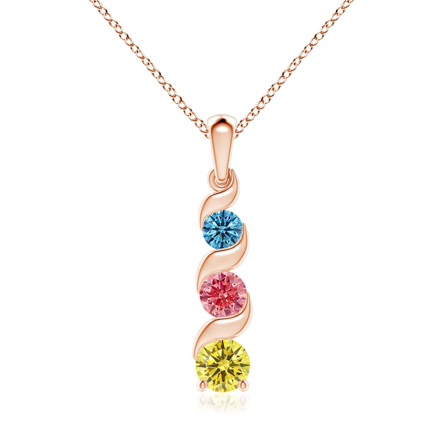 Angara 1.75 CTW Channel-Set Round Fancy Intense Multi-Color Diamond Three Stone Journey Pendant in 18K Rose Gold