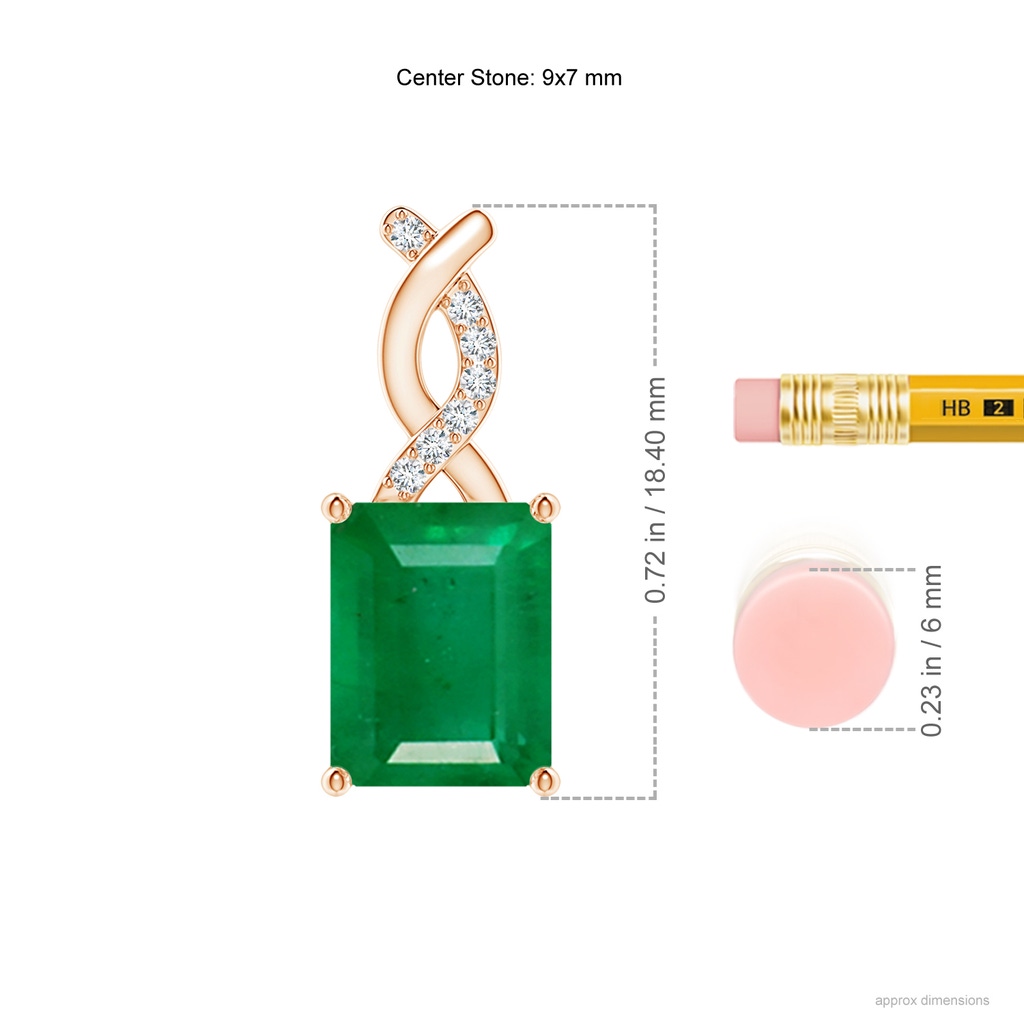 9x7mm AA Emerald Pendant with Diamond Entwined Bale in Rose Gold ruler