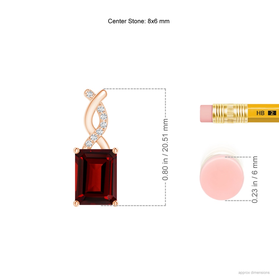 8x6mm AAAA Garnet Pendant with Diamond Entwined Bale in Rose Gold ruler