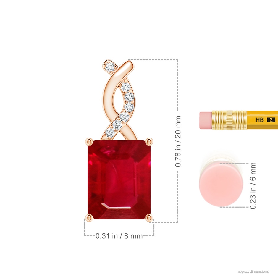10x8mm AAA Ruby Pendant with Diamond Entwined Bale in Rose Gold ruler