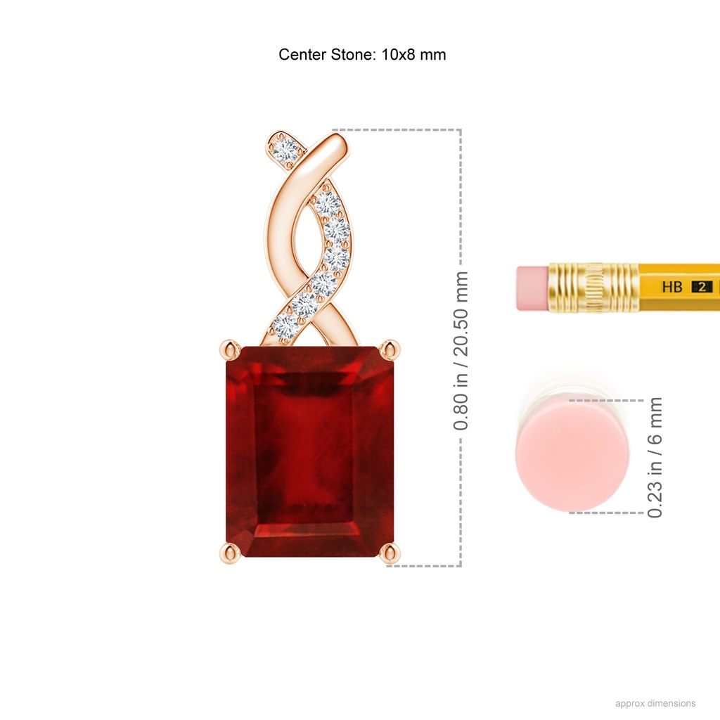 10x8mm AAAA Ruby Pendant with Diamond Entwined Bale in Rose Gold ruler