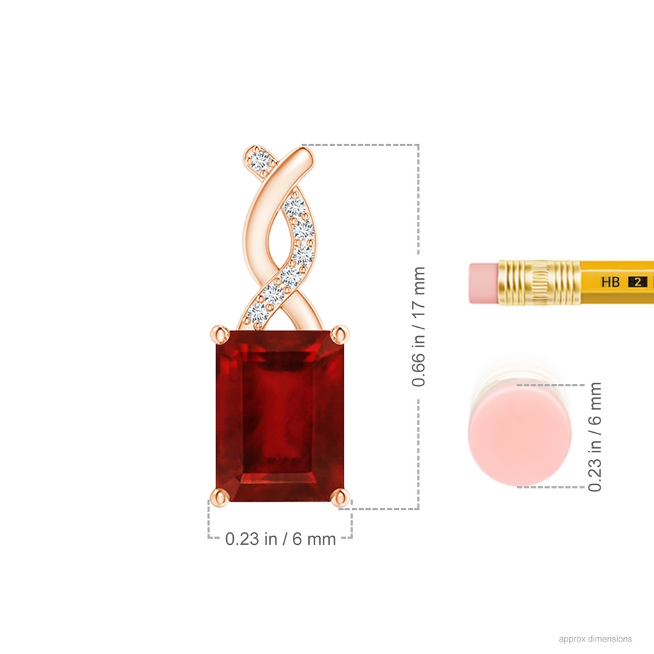 8x6mm AAAA Ruby Pendant with Diamond Entwined Bale in Rose Gold ruler