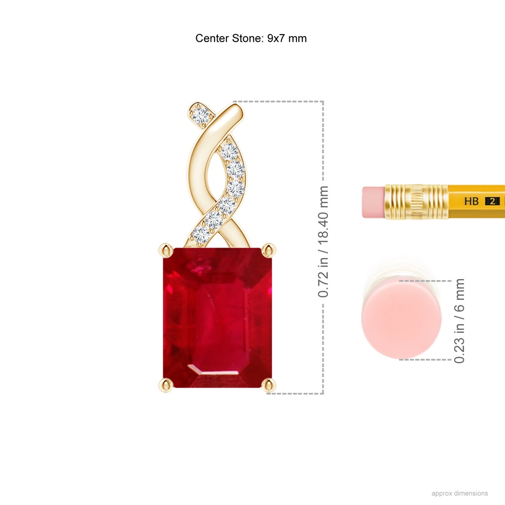 9x7mm AAA Ruby Pendant with Diamond Entwined Bale in Yellow Gold ruler