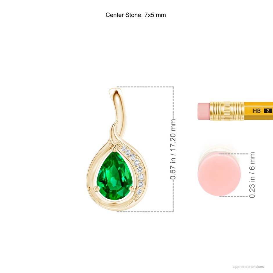 7x5mm AAAA Pear-Shaped Emerald and Diamond Loop Pendant in Yellow Gold ruler