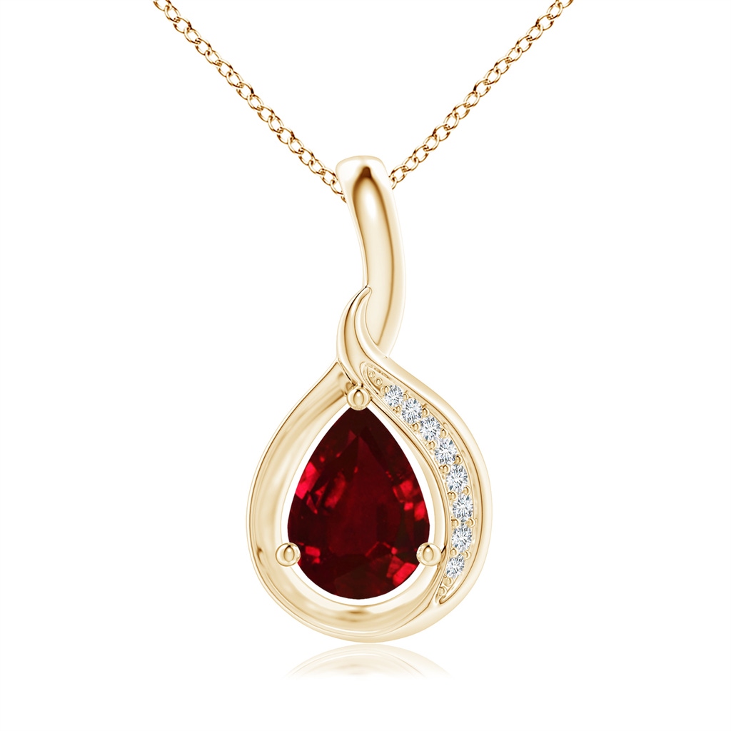 7x5mm AAAA Pear-Shaped Ruby and Diamond Loop Pendant in Yellow Gold