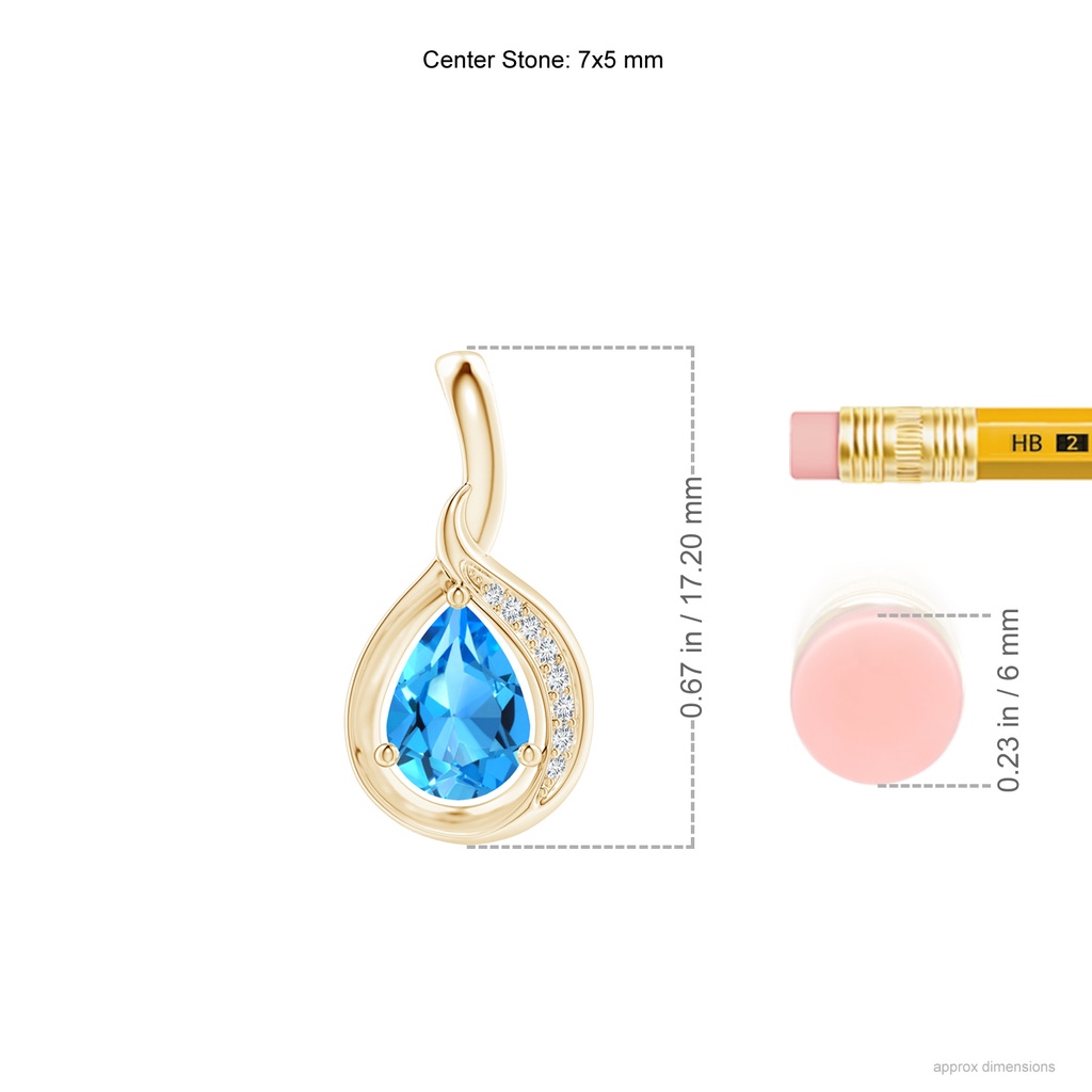 7x5mm AAAA Pear-Shaped Swiss Blue Topaz and Diamond Loop Pendant in Yellow Gold Ruler