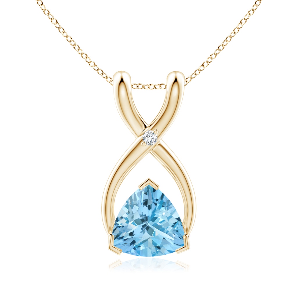 5mm AAAA Trillion Aquamarine Wishbone Pendant with Diamond in Yellow Gold