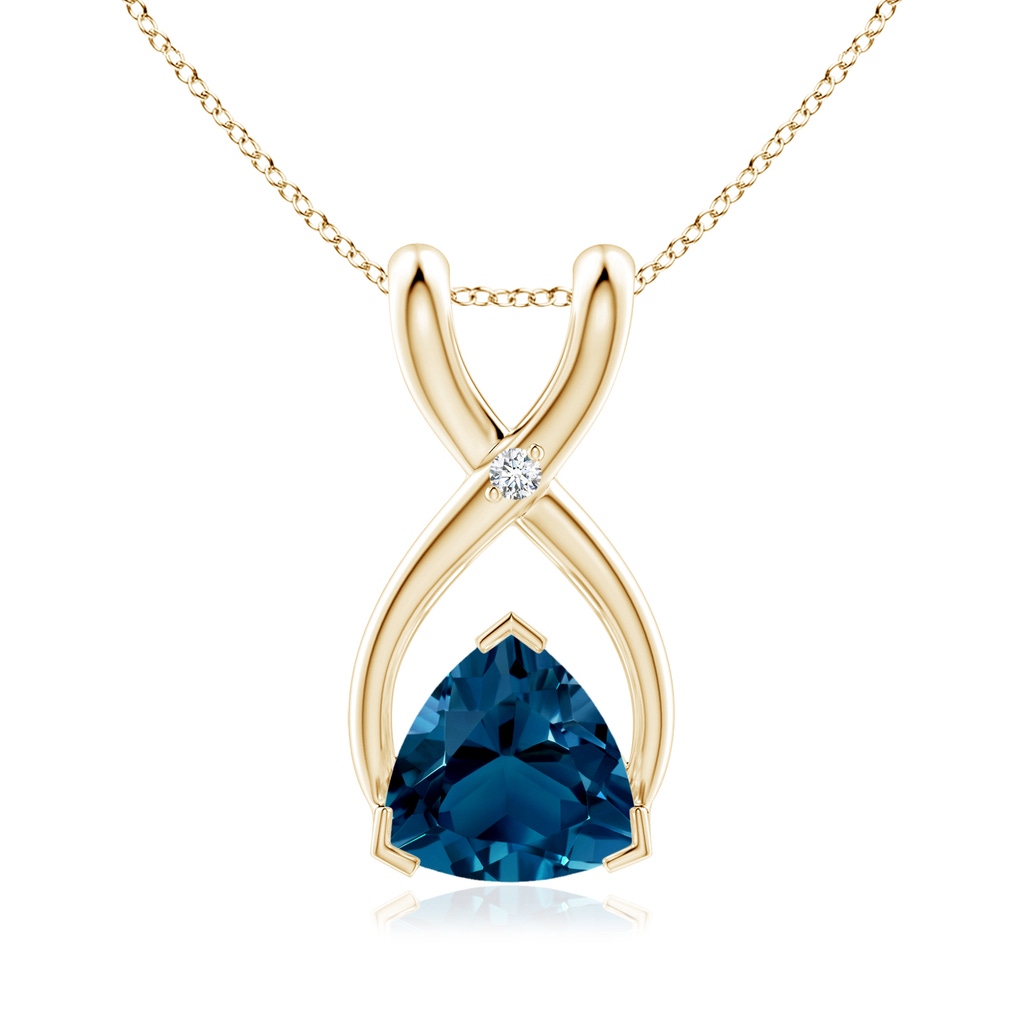 5mm AAAA Trillion London Blue Topaz Wishbone Pendant with Diamond in Yellow Gold