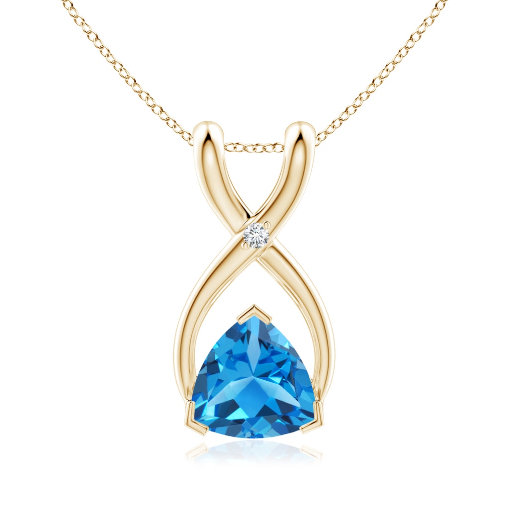 5mm AAAA Trillion Swiss Blue Topaz Wishbone Pendant with Diamond in Yellow Gold