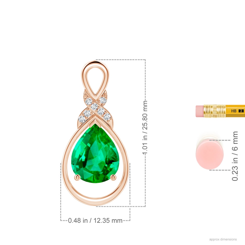 10x8mm AAA Emerald Infinity Pendant with Diamond 'X' Motif in Rose Gold ruler