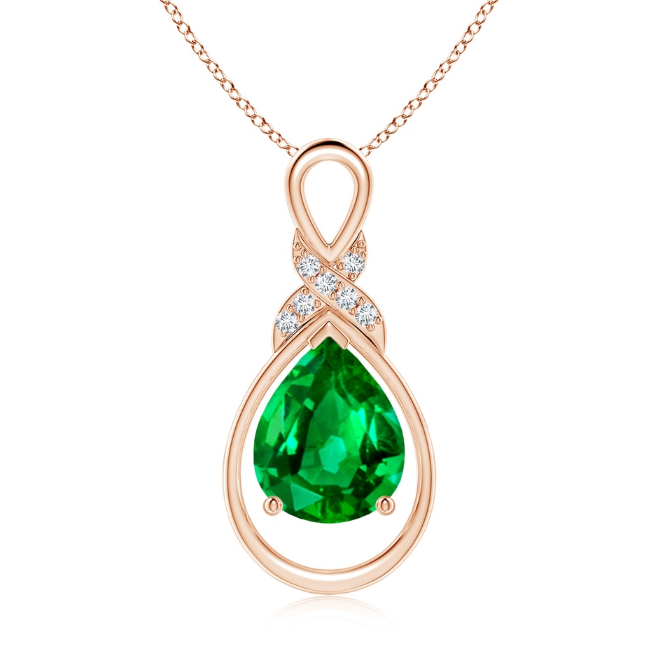 10x8mm AAAA Emerald Infinity Pendant with Diamond 'X' Motif in Rose Gold 