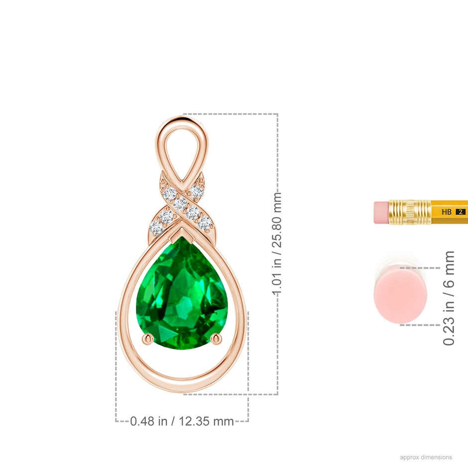 10x8mm AAAA Emerald Infinity Pendant with Diamond 'X' Motif in Rose Gold ruler