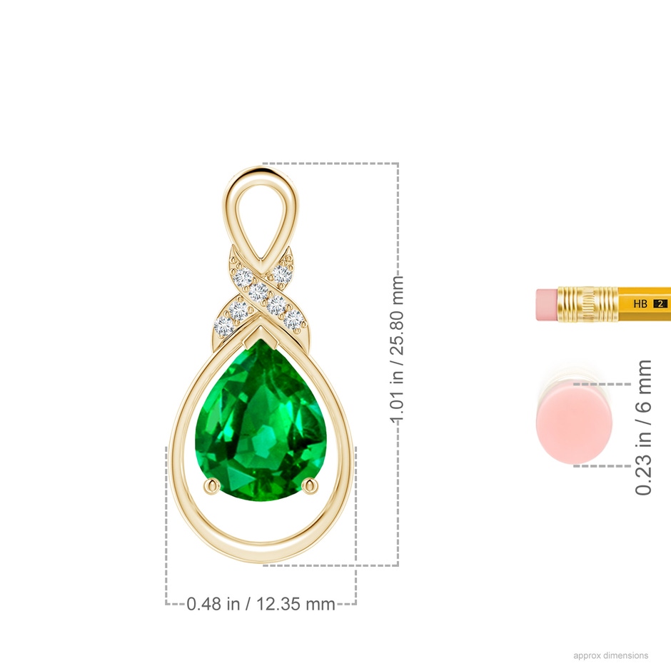 10x8mm AAAA Emerald Infinity Pendant with Diamond 'X' Motif in Yellow Gold ruler
