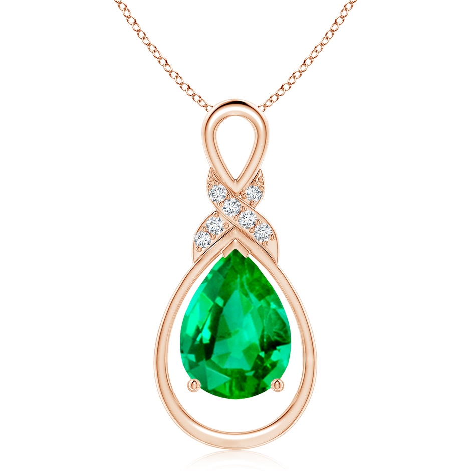 14x10mm AAA Emerald Infinity Pendant with Diamond 'X' Motif in 18K Rose Gold 