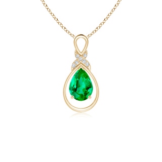 7x5mm AAA Emerald Infinity Pendant with Diamond 'X' Motif in 9K Yellow Gold