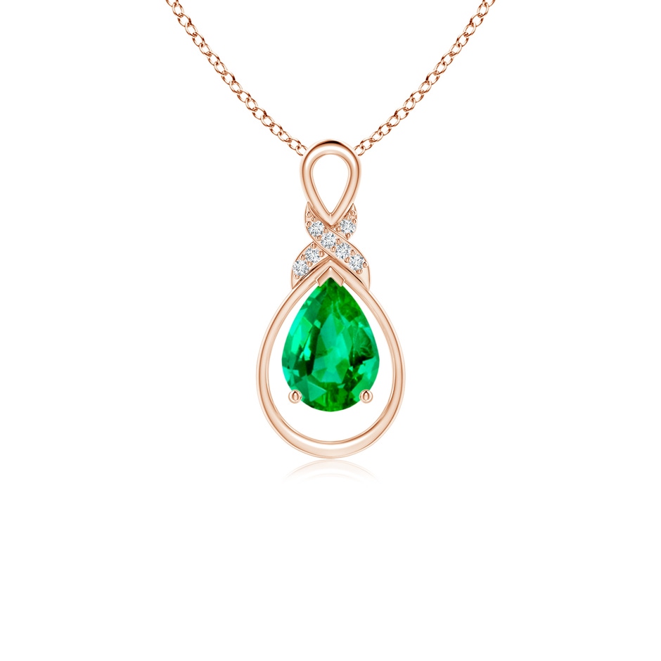 7x5mm AAA Emerald Infinity Pendant with Diamond 'X' Motif in Rose Gold 