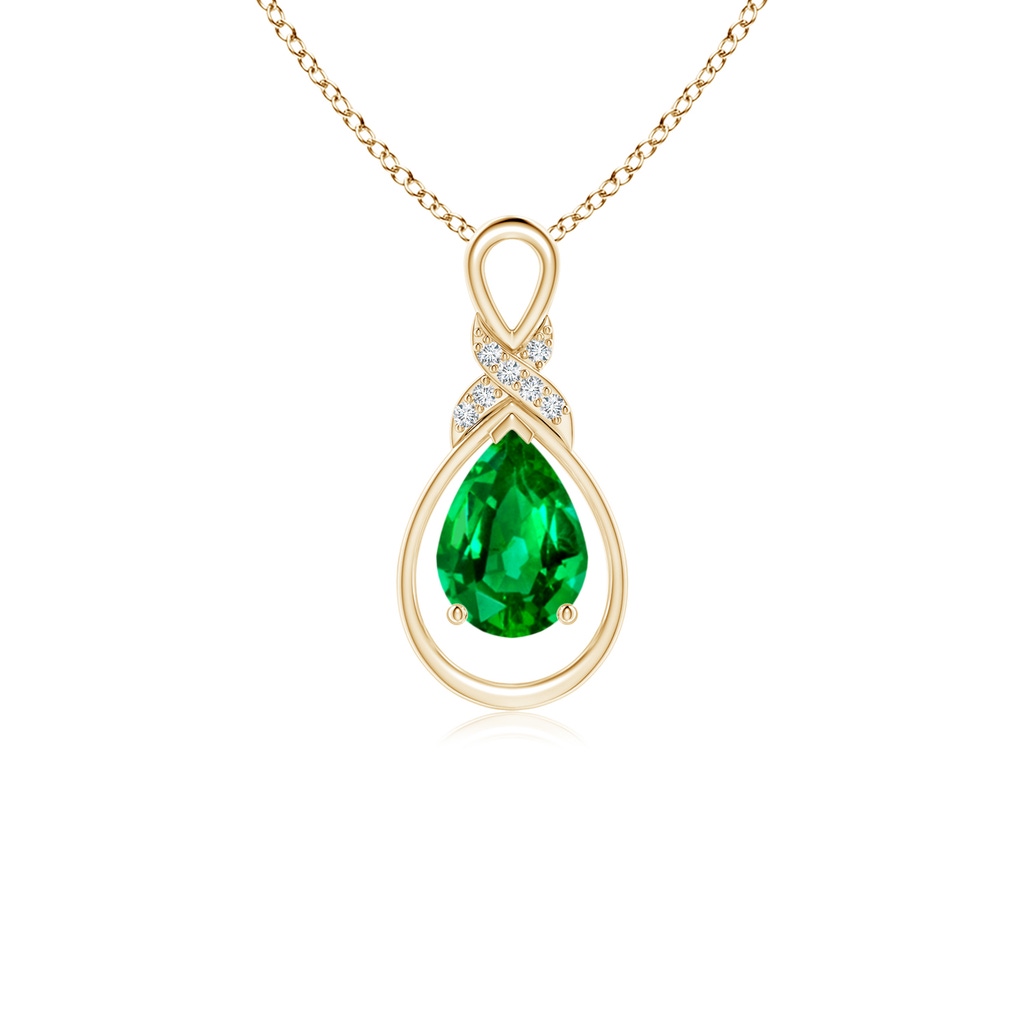 7x5mm AAAA Emerald Infinity Pendant with Diamond 'X' Motif in Yellow Gold