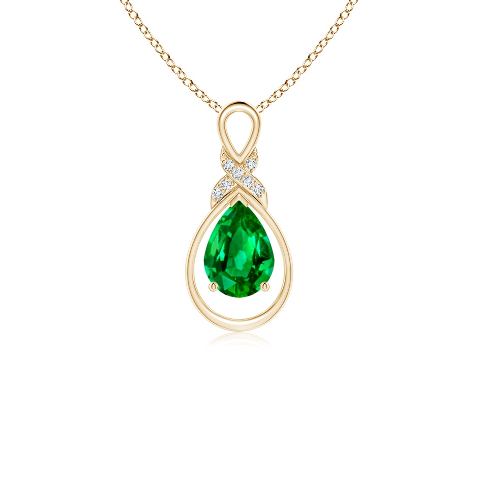 7x5mm AAAA Emerald Infinity Pendant with Diamond 'X' Motif in Yellow Gold 