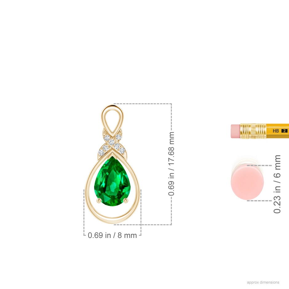 7x5mm AAAA Emerald Infinity Pendant with Diamond 'X' Motif in Yellow Gold ruler