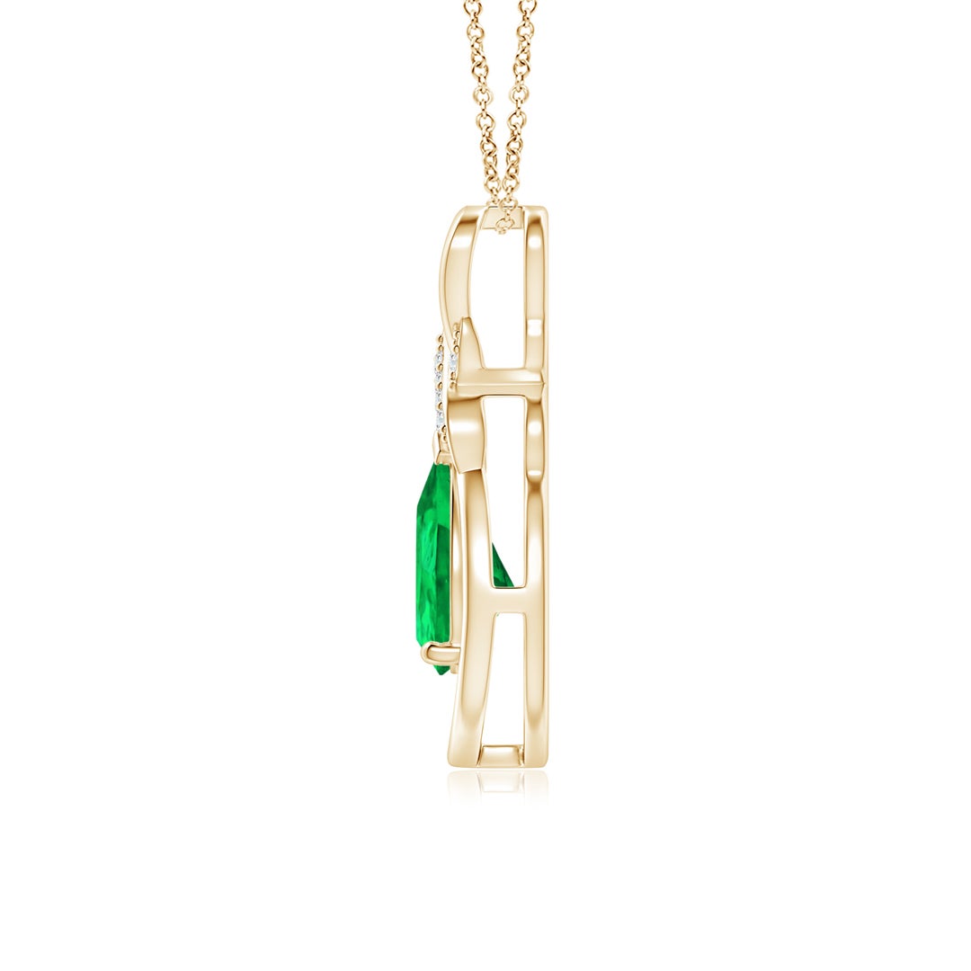 8x6mm AAA Emerald Infinity Pendant with Diamond 'X' Motif in Yellow Gold - side 2