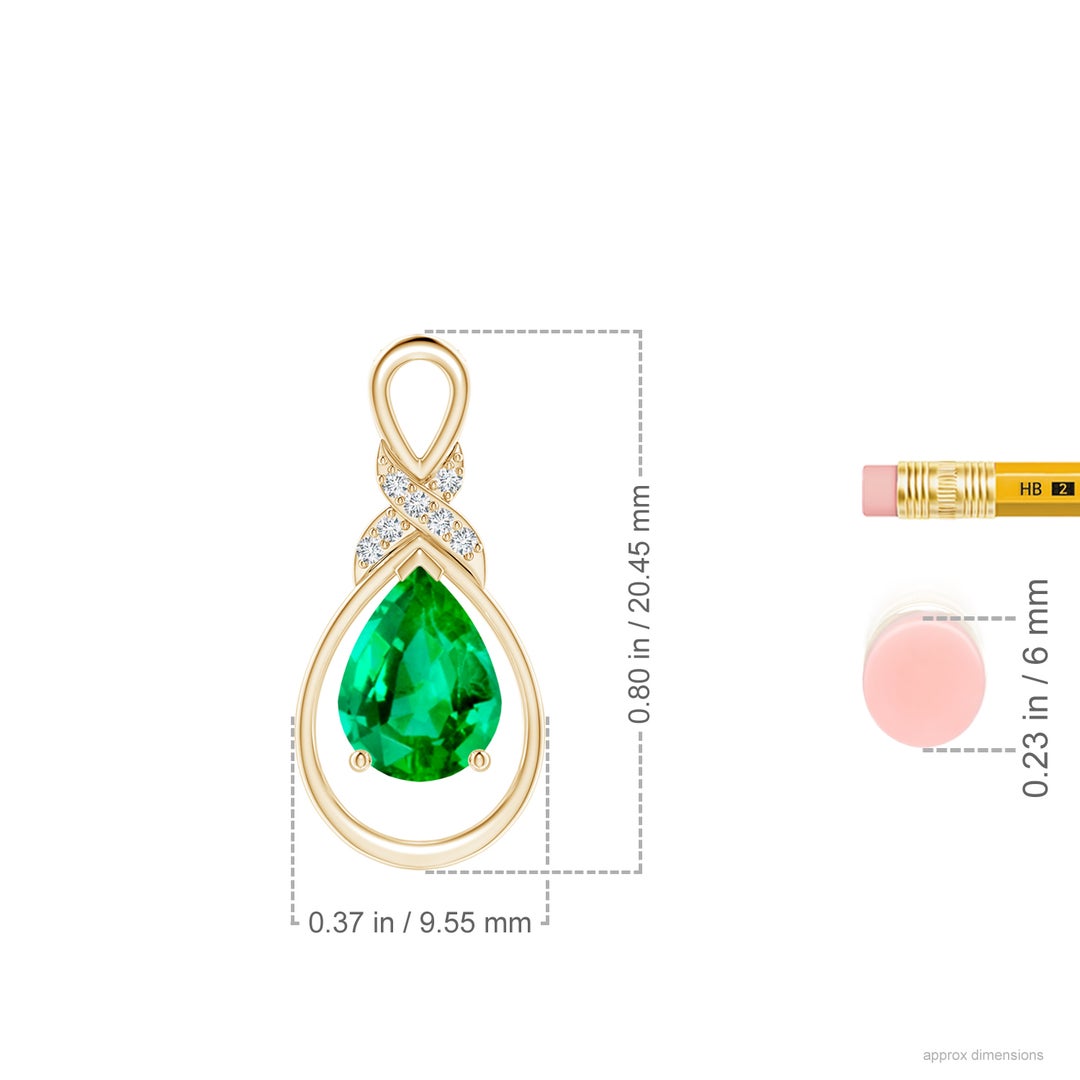 8x6mm AAA Emerald Infinity Pendant with Diamond 'X' Motif in Yellow Gold - ruler