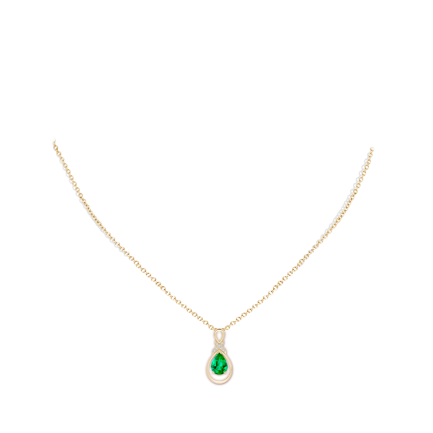 8x6mm AAA Emerald Infinity Pendant with Diamond 'X' Motif in Yellow Gold - body_neck