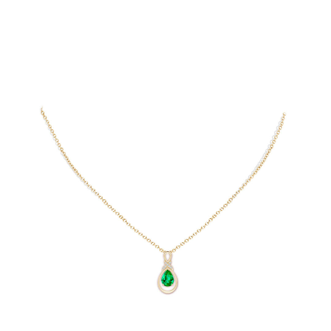 8x6mm AAA Emerald Infinity Pendant with Diamond 'X' Motif in Yellow Gold - body_neck