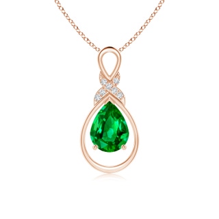 8x6mm AAAA Emerald Infinity Pendant with Diamond 'X' Motif in 18K Rose Gold