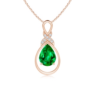 8x6mm AAAA Emerald Infinity Pendant with Diamond 'X' Motif in 9K Rose Gold