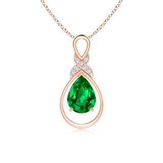 8x6mm AAAA Emerald Infinity Pendant with Diamond 'X' Motif in Rose Gold